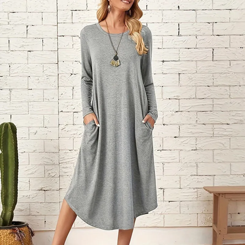 

Spring Autumn New Women's Dress Top Solid Color Casual Home Sports Commuter Temperament Long-sleeved Dress Curved Hem Loose