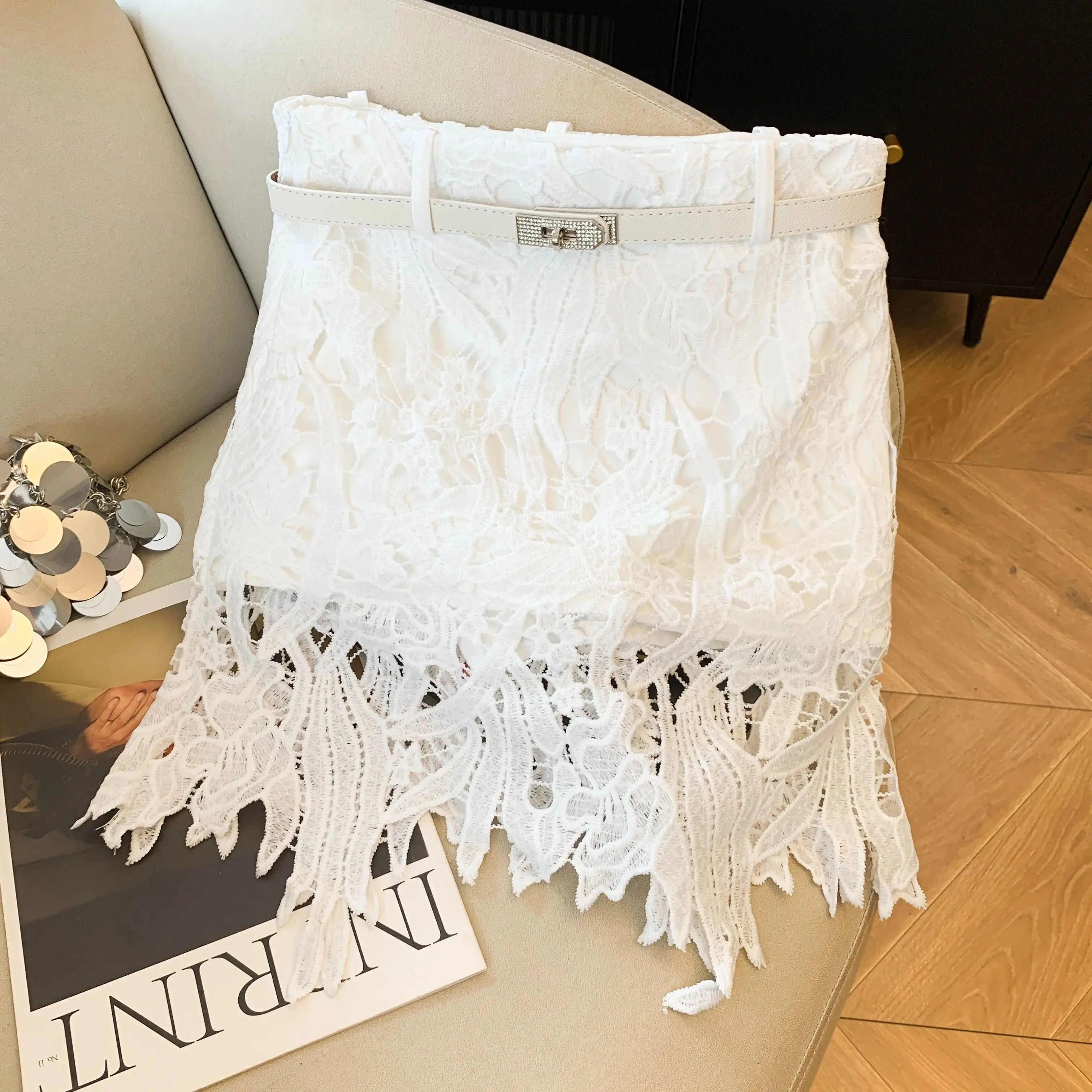 

New Fashion Hollow Out Lace Embroidered Mini Skirt Women Elegant Temperament High Waist Slim Party Skirts With Belt