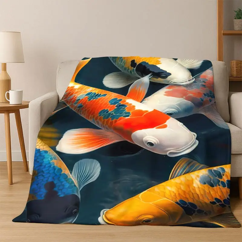 GOOD LUCK Koi Fish Yin Yang Carp Cartoon Flannel Blanket Soft Warm Throw Blanket for Bedroom Living Room Bed Travel Picnic Gift