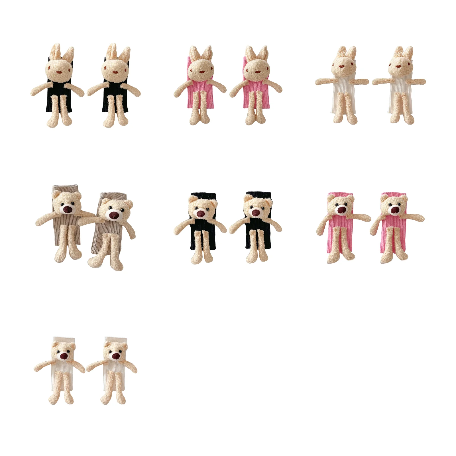 

Набор из 7 пар плюшевых носков: черный/розовый/белый кролик + овсяный/черный/розовый/белый медведь