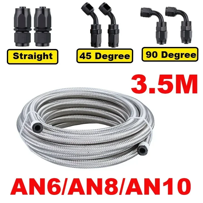 11.5FT 3.5M AN6 AN8 AN10 Stainless Steel Braided CPE Rubber Fuel Hose Line 0/45/90 Degree Hose End Fitting Adapter Hose Line Kit