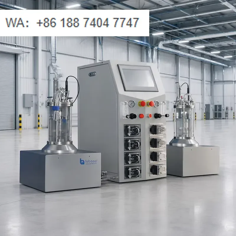 for LABOAO Lab Two Conjoined Glass Fermenter Desktop Dual Vessel Sterilizable Bioreactor System With Stirring Gas Supply
