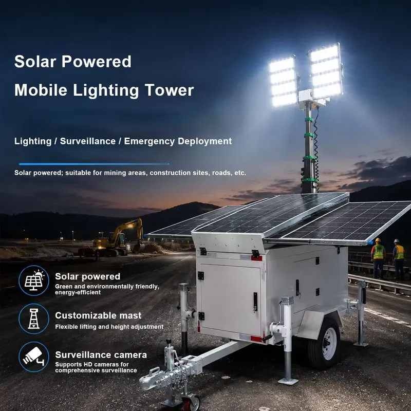 Solar Light Tower Electric Telescopic Mast Solar Powered Mobile Trailer Construction Light Tower with CCTV Mining Operation
