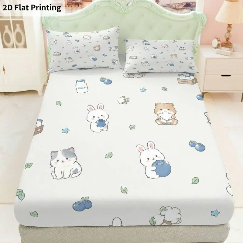 3Pcs Pastelanimals Fitted Sheet Three Piece Set (1*Fitted Sheet + 2*Pillowcases, Coreless), Bedding Set