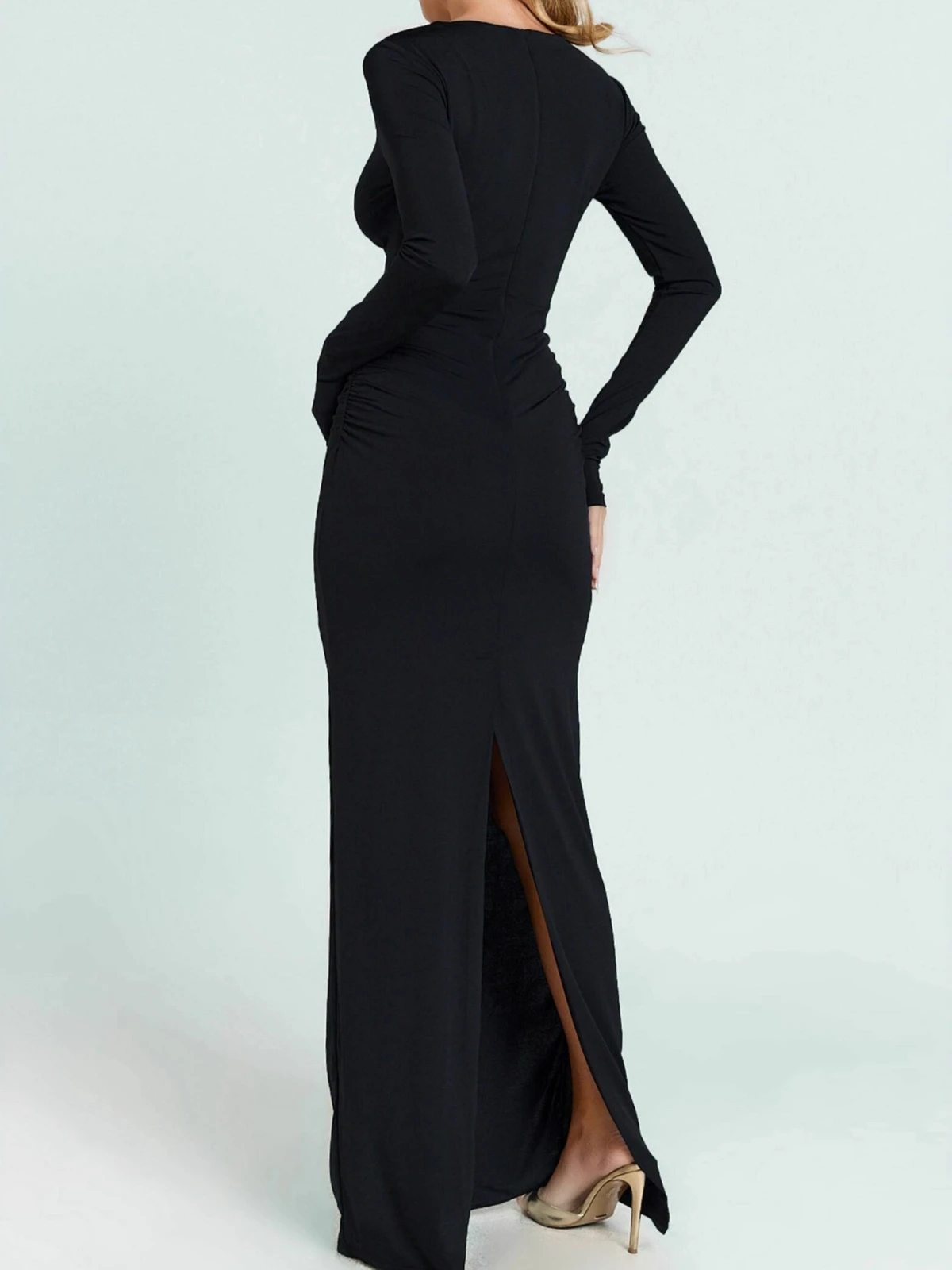 SsTss – robe Maxi découpée pour femmes, élégante, noire, col en V, manches longues, ajourée, taille haute, plissée, coupe cintrée, dos fendu, robe de soirée