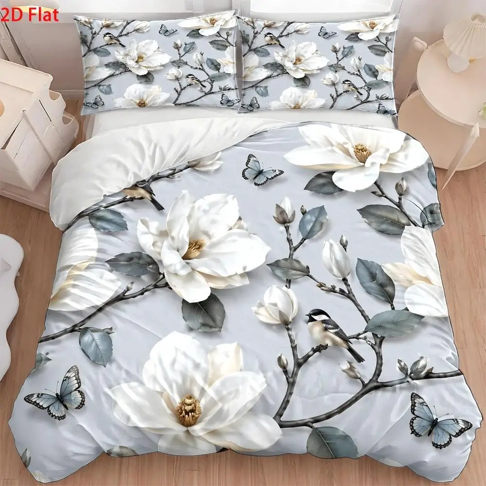 3Pc Light Luxury Style Magnolia Flower Bird Butterfly Print Quilt Cover Set, Bedding Three-Piece Set (1*Quilt Cover + 2*Pillowcases), Nordic Style Double Bedding, Modern Minimalist Bedroom Decor, Skin-Friendly Breathable Polyester Woven Quilt Cover, Invisible Zipper, Machine Washable, Suitable for All Seasons, Wrinkle-Resistant, Easy to Clean, Durable Dormitory Bedding, Suitable for Home Master Bedroom, Guest Room, Student Dormitory, Quilted Design Soft Comfortable Bedspread Set, Large Double Bed Cover