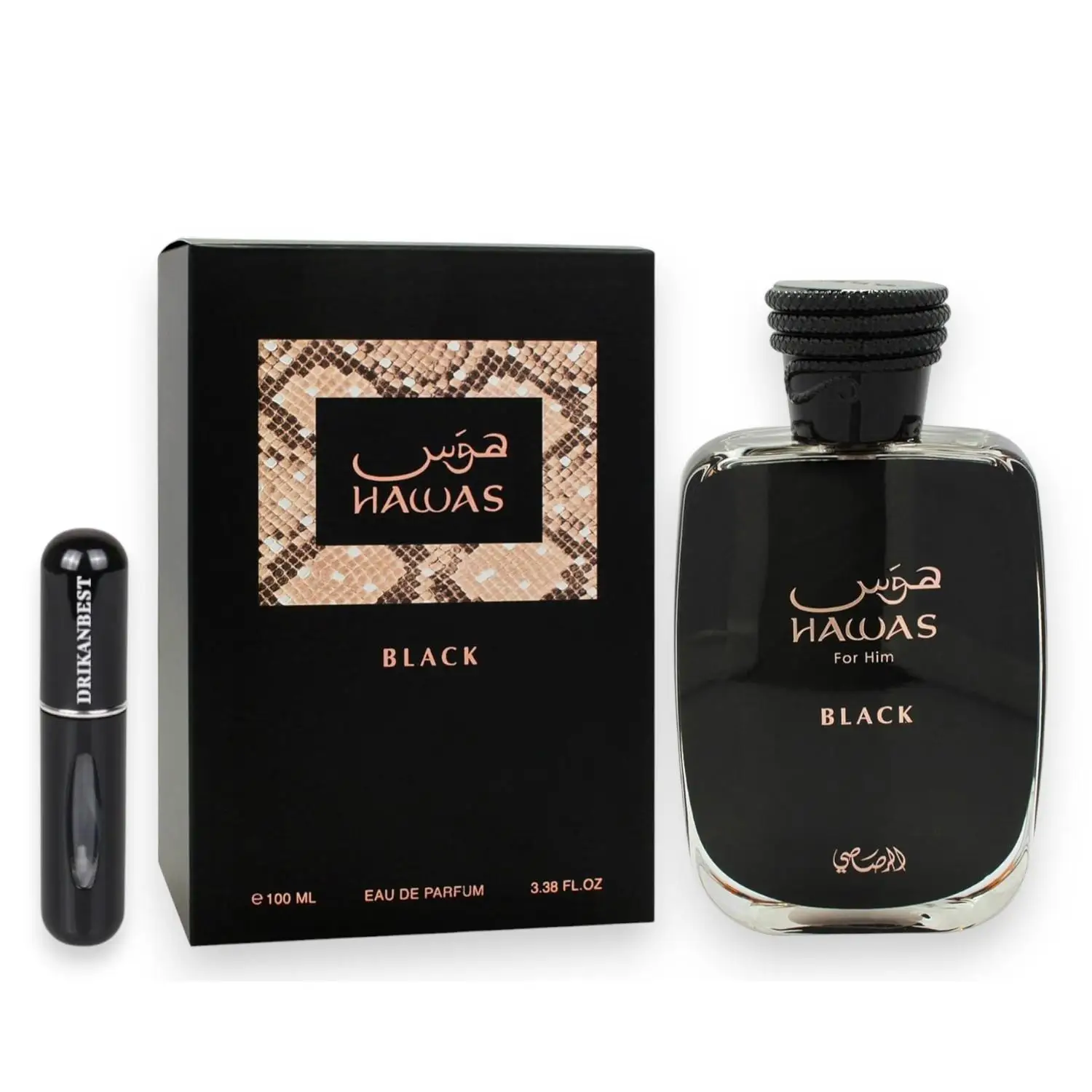 Rasasi Hawas Black Eau de Parfum Hombre 100ml + Atomizador Recargable 5ml Drikanbest de Regalo – Perfume Árabe Intenso y Duradero