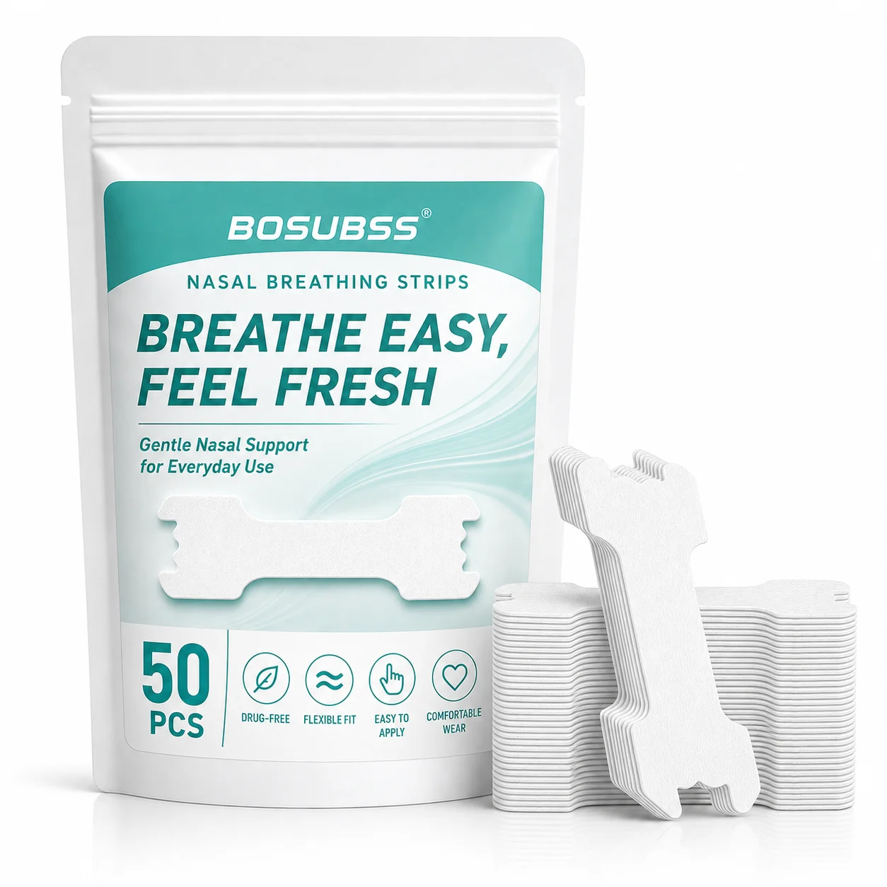 BOSUBSS 50PCS Nose Breathing Strips, Drug-Free Flexible Fit Nasal Strips Easy to Apply for Smooth Night Breathing