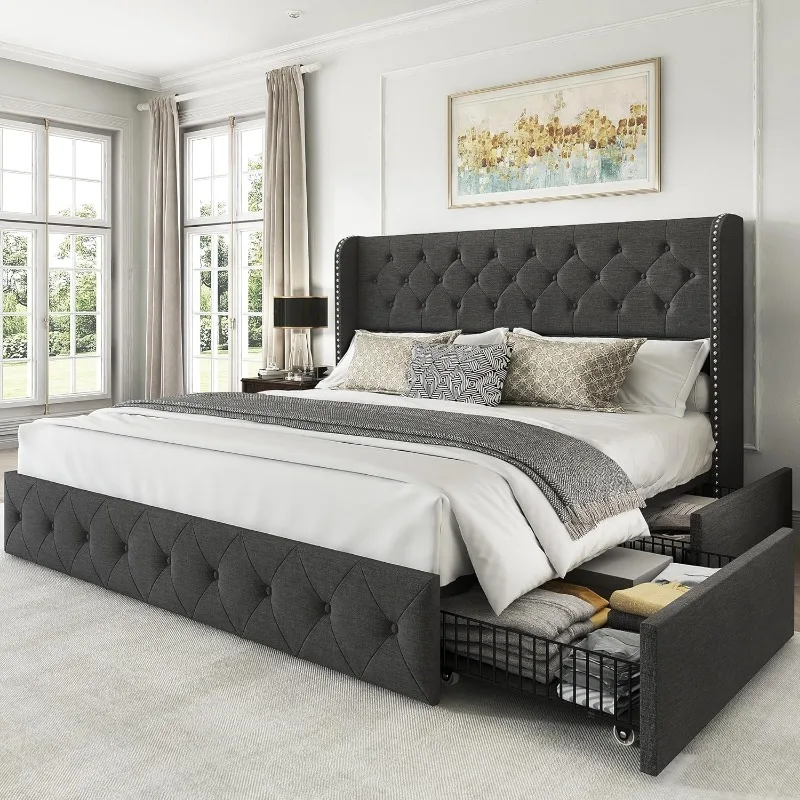 King Size Bed Frame with 4 Storage Drawers and Tufted Headboard Velvet Upholstered Platform Bed Frame Velvet Beds