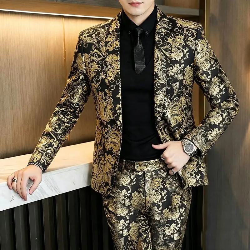 Herrenanzüge, modische Anzüge für Hochzeiten, lässige Slim-Fit-Anzüge, Friseuranzüge, Herrenanzüge im koreanischen Stil, Anzüge für Bankette, Business-Anzüge, Goldprägung, Anzüge – Detail 1