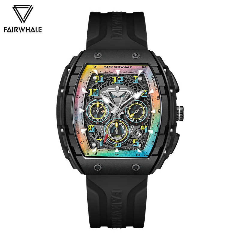 

2024 New Fashion Watch For Mens Mark Fairwhale Sports Silicone Strap Quartz Clocks Cool Black Tonneau Wristwatch Mans Reloj