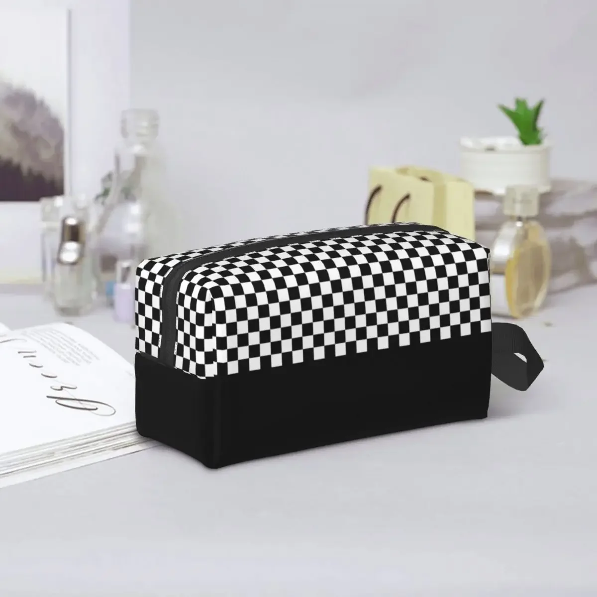 Custom Travel Black And White Checkered Toiletry Bag Checkerboard Pattern Cosmetic Makeup Organizer Beauty Storage Dopp Kit Box