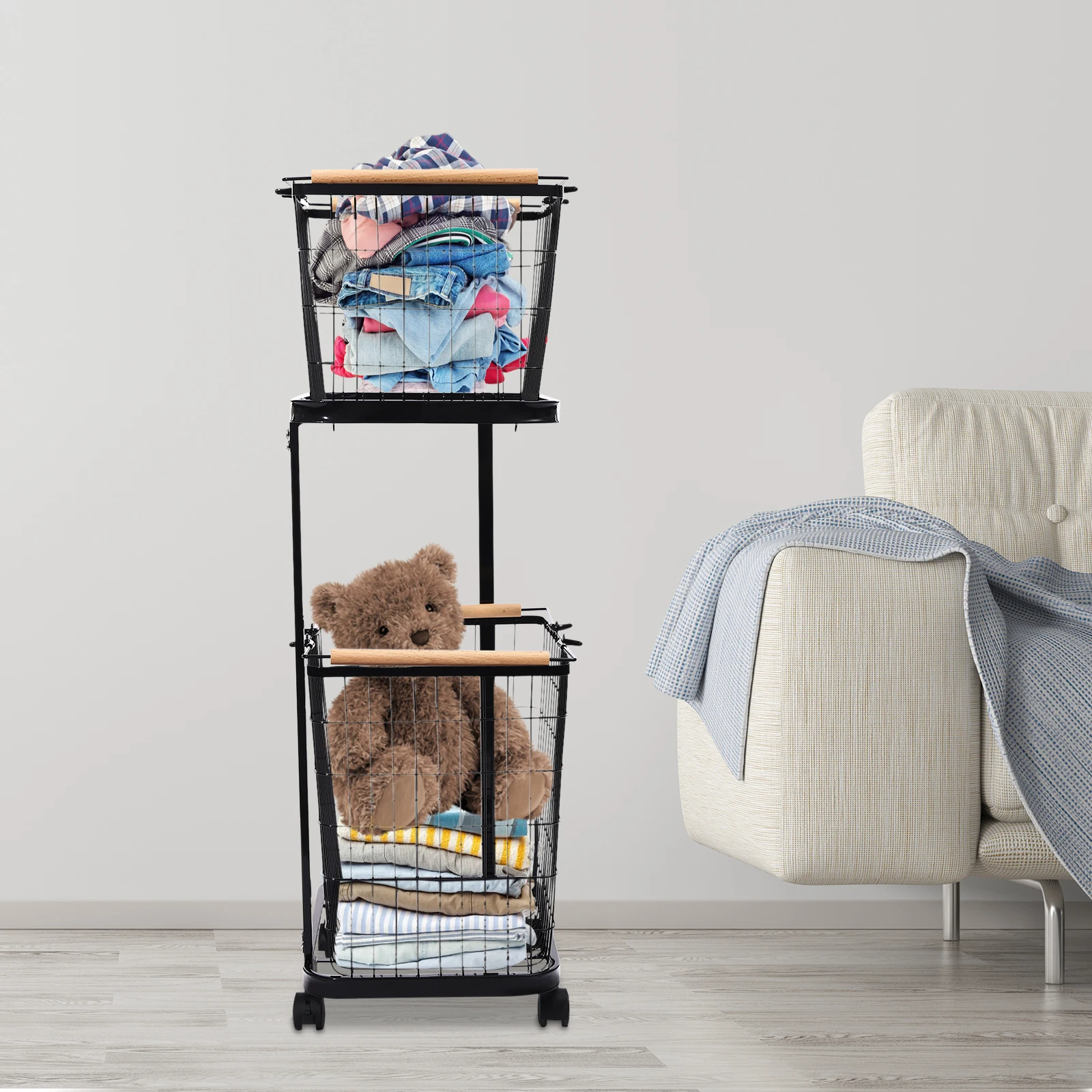 2 Tier Laundry Basket Floor Mount Metal Laundry Basket with Wheels Versatile Applications Dirty Clothes Storage