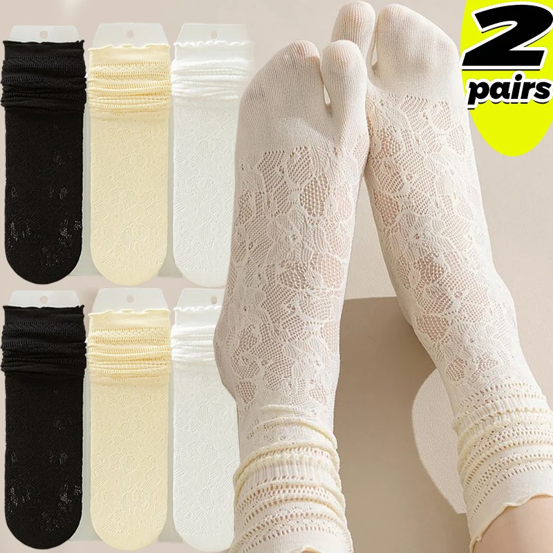 

1/2Pairs Lace Toe Socks Women Summer Hollow Out Mesh Five Finger Socks Breathable High Tube Cotton Socks with Separate Fingers