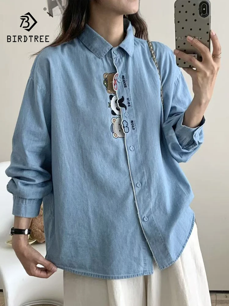

Новинка 2025, осенняя джинсовая рубашка с длинными рукавами, женская отложной воротник с милой вышивкой, свободная блузка Mori Girl Design Sense T59848CC
