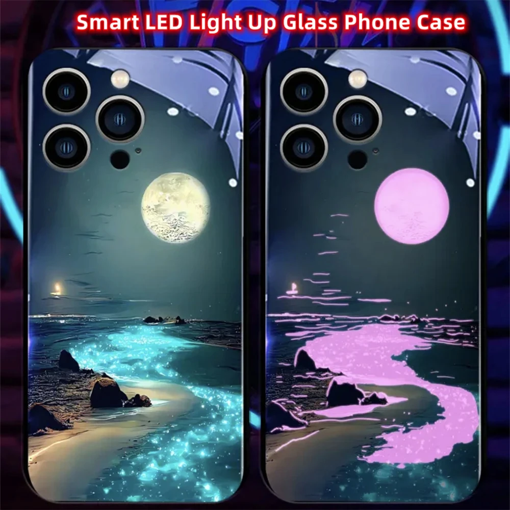 Fluorescent Moon Sea Luminous Glass LED Call Light Up case For VIVO IQOO 12 11 10 9 8 Pro X100 X90 X80 X70 X60 X50 Pro Plus