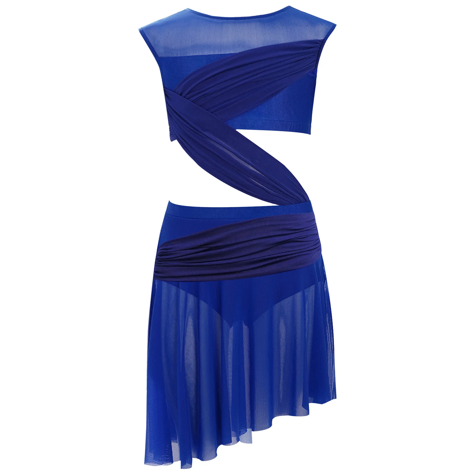 

Kids Girls Lyrical Dance Dresses Sleeveless Sheer Mesh Patchwork Asymmetrical Hem One-Piece Leotard Dresses Ballet Dancewear