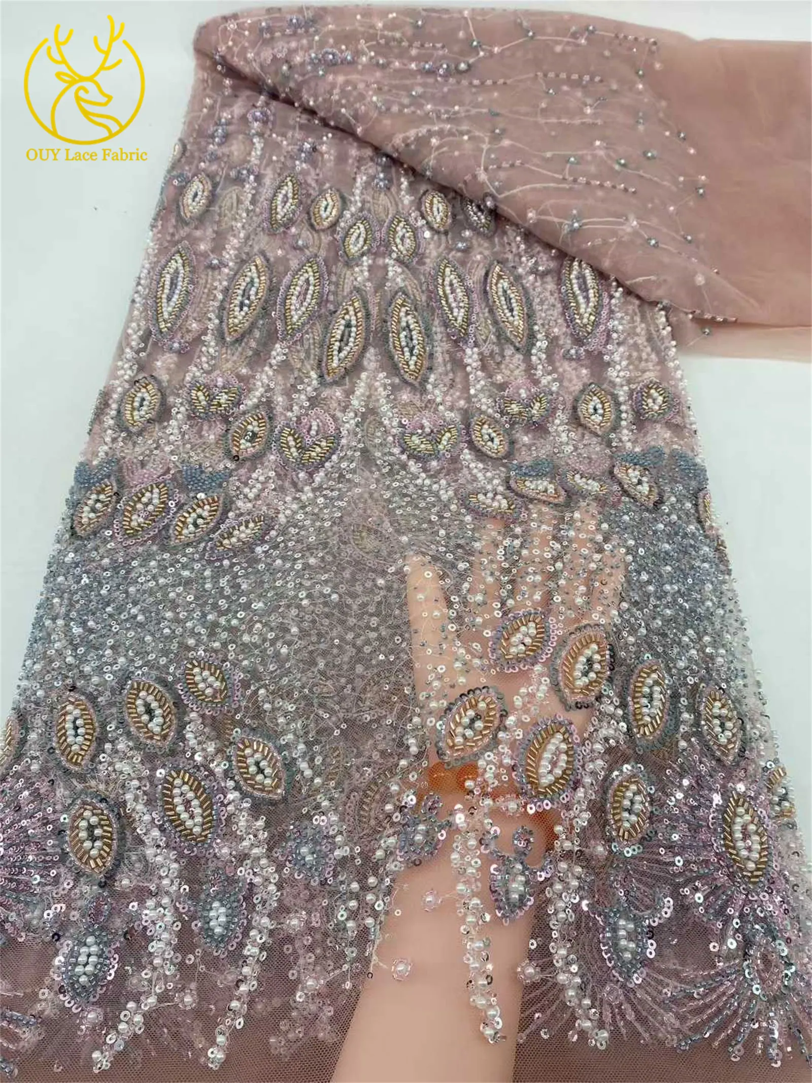 新デザインビーズレース生地5ヤード エレガントなフランスナイジェリアスパンコール刺繍チュールメッシュレース生地 パーティードレス縫製用