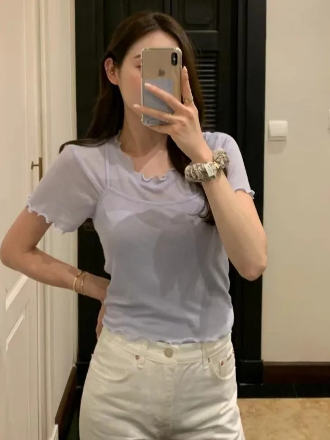 

Women's Thin Short Sleeve Crop Top Tank Top with Wood Grain Sweet Simple Pleated Outerwear T-Shirt Set Cotton Material