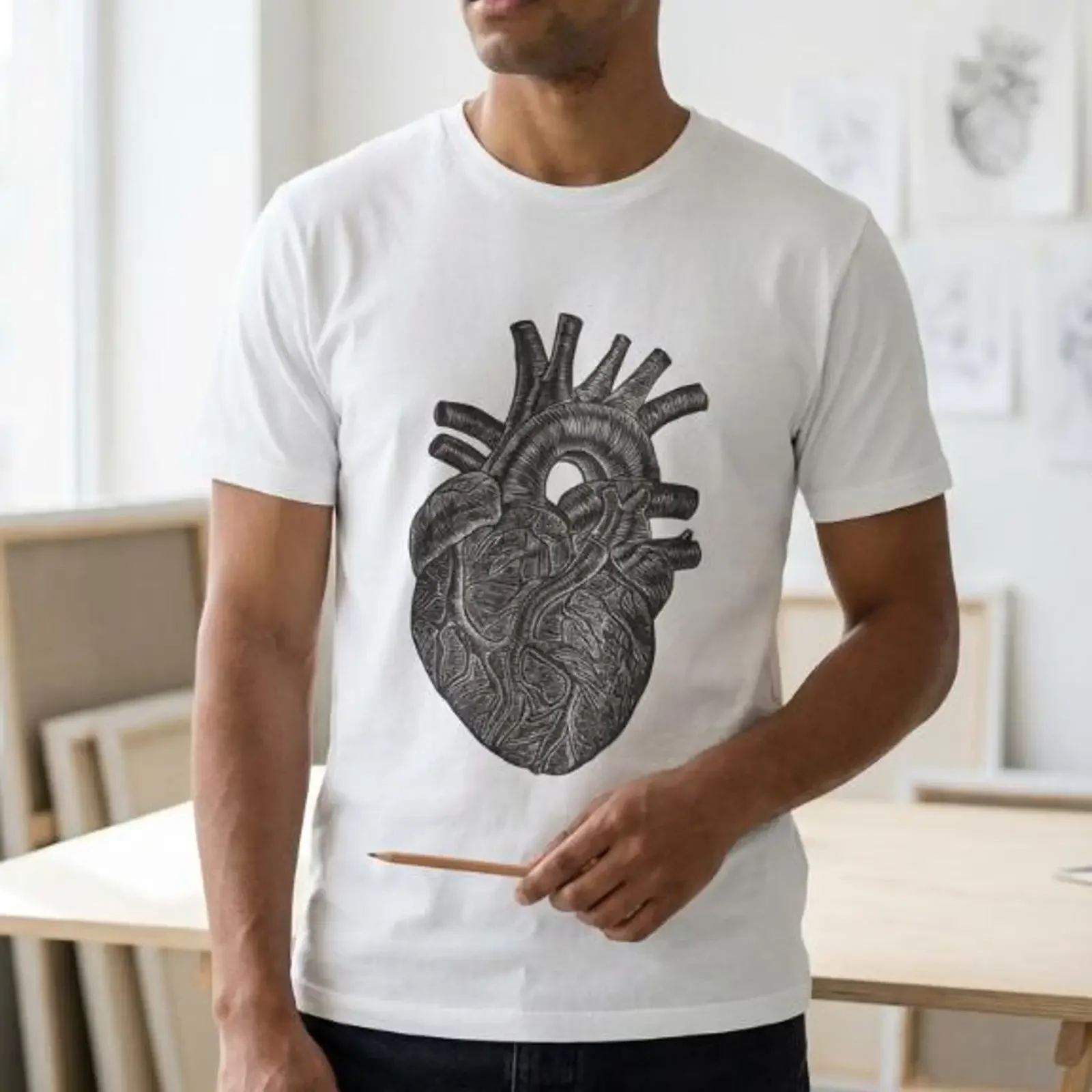 Detailed Anatomical Heart T Shirt Digital Linocut by Artist Noin Rivera vintage Washed homme designer clothes