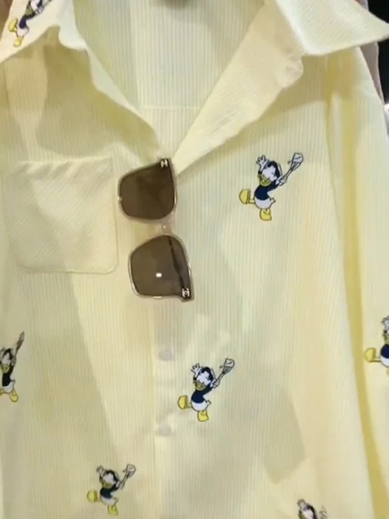 

Korean Sle Casual Sun Protection irt 2025 Spring Summer New College Sle Embroidered Cartoon Turn-down Stripe Women's irt