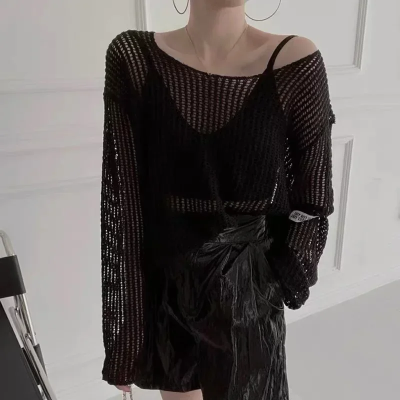 summer Lady Hollow Out Mesh Thin Pullover Women\'s Knitted Sweaters See Through Look Long Sleeve Loose Tops Smock Sunscreen shirt