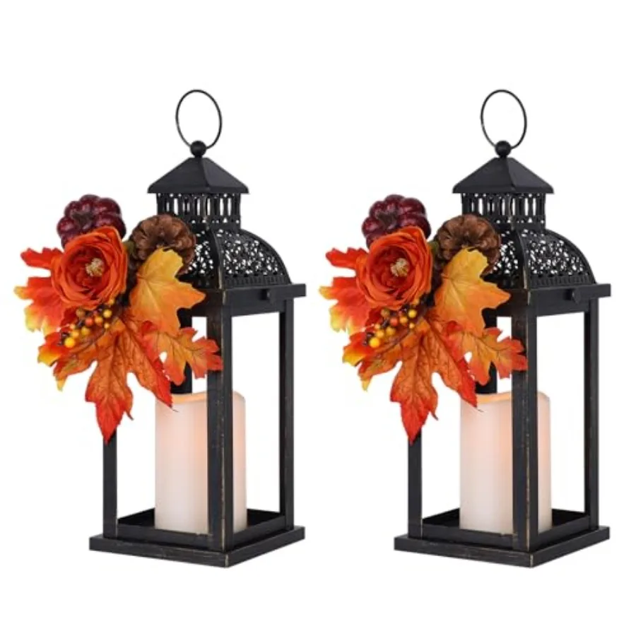 Fall Decorations for Home, 2 Pcs 15'' Fall Lantern Indoor Outdoor Thanksgiving Decor, Vintage Metal Hanging Candle Holders with