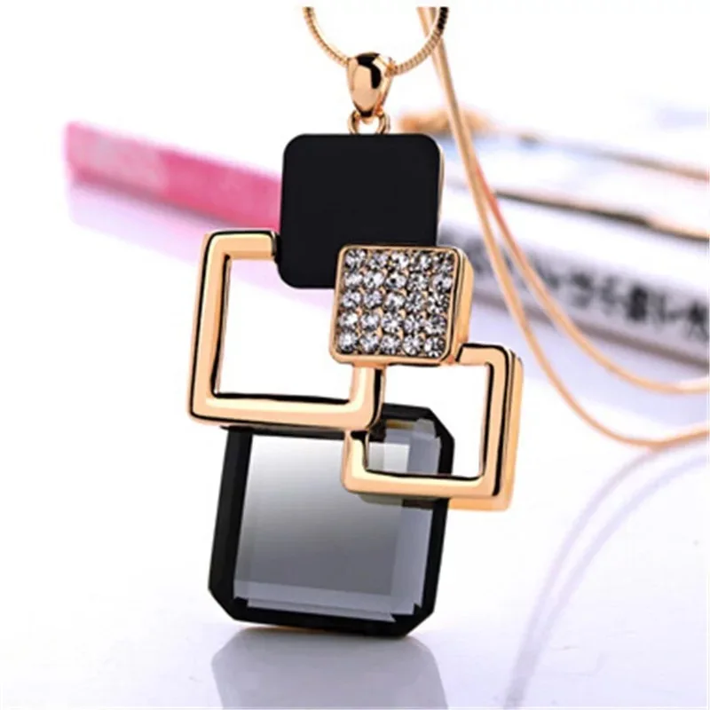 Fashion Women Collier Femme Crystal Gray Blue Color Geometric Statement Colar Long Necklaces&Pendants for Jewelry Bijoux