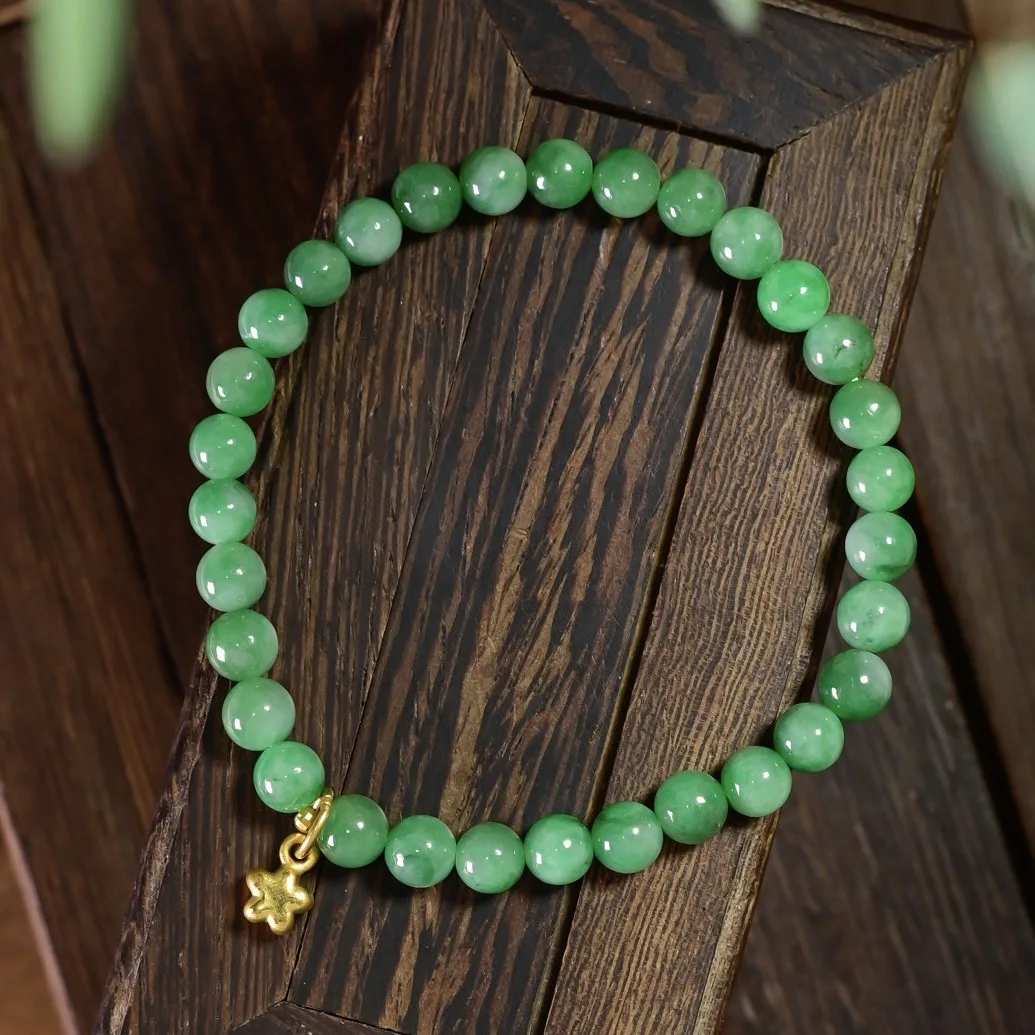 Natural A‑Grade Vivid Green Jadeite Bead Bracelet, 24K Solid Gold Star Charm, Chinese Style Jewelry for Women