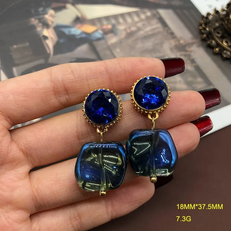 

blue diamond square glass glazed necklace stud earring for women