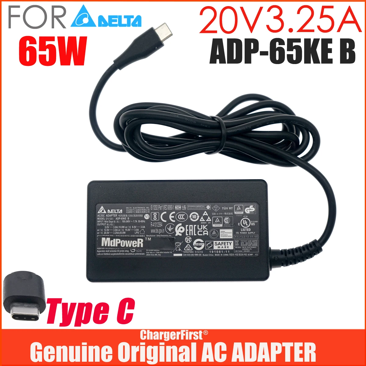 Genuine Delta ADP-65KE B 65W USB-C AC Adapter 20V 3.25A for Acer Swift Spin TravelMate Aspire KP.06501.017 SF314 TMP614