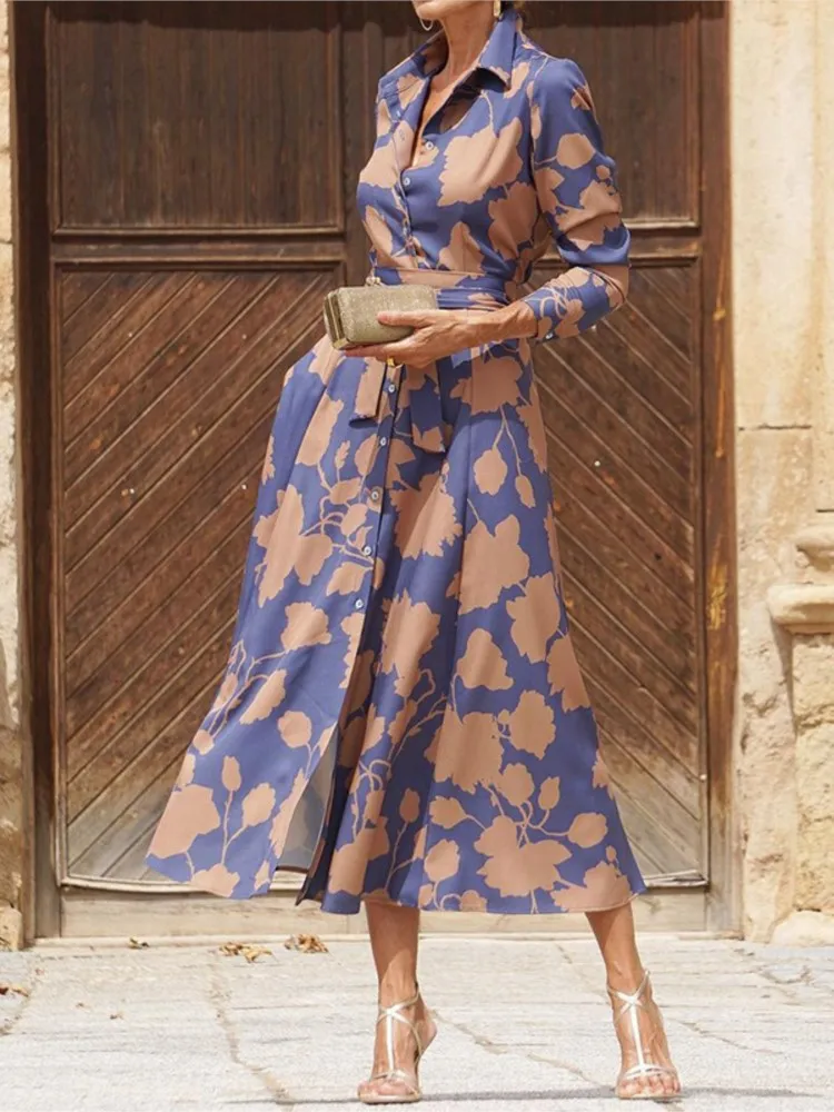 

2025 Autumn New Women's Fashion Style Printed Dresses Sexy Waist Strap Mid Length Single Breasted Long Sleeve Collar Vestidos