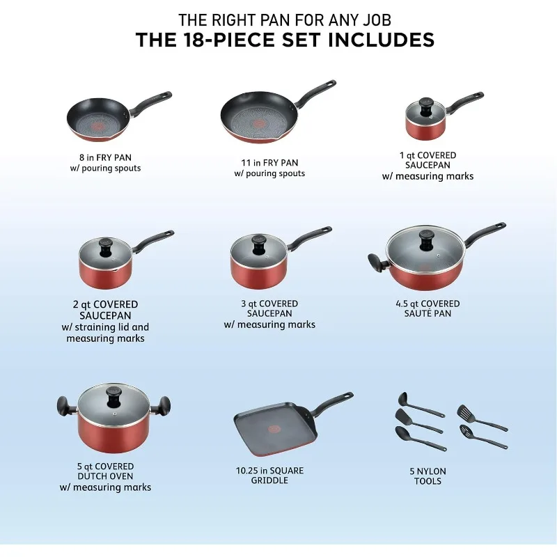 T-fal Initiatives Nonstick Cookware Set 18 Piece, Oven Broiler Safe 350F, Kitchen Cooking Set w/ Fry Pans, Saucepans, Saute Pan