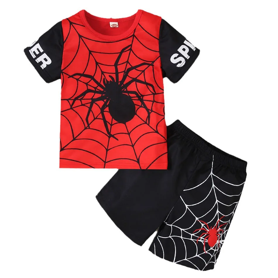 Fashion Casual and Playful Spider Print Kids Summer Set Round Neck Short Sleeve Top and Shorts Outdoor Play Children Sets