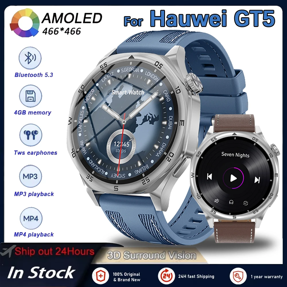 For Huawei GT5 Watch AMOLED 32GB Smartwatch Waterproof Men Smart Watch Bluetooth Call Connect Headphones TWS Music 3D Mode Video