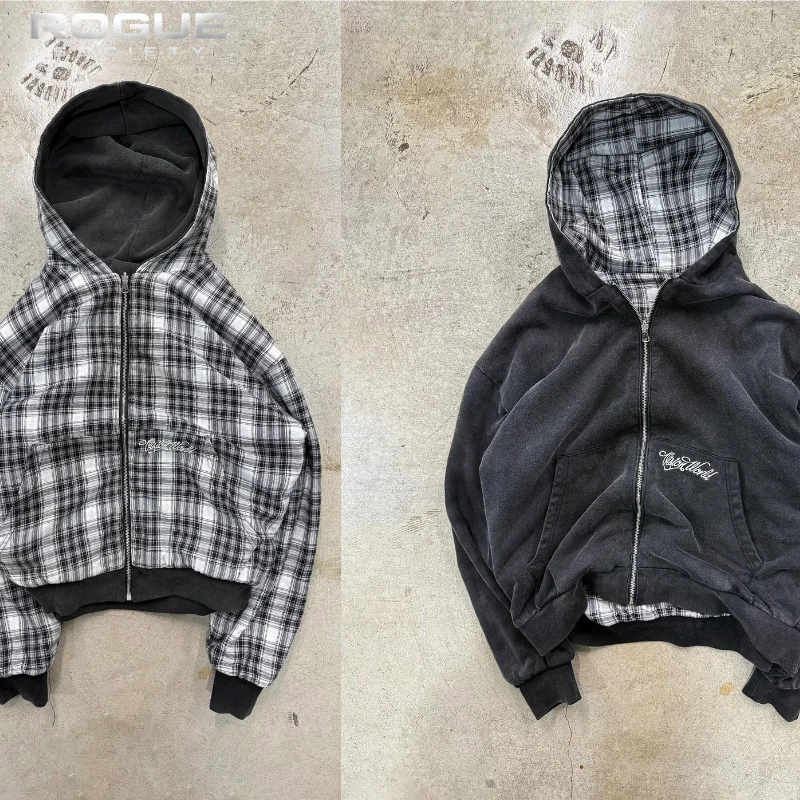 Autumn Winter Reversible Plaid Zip Hoodie Men Y2k Streetwear Loose Dualwear Aesthetic OffCampus Grunge Hip Hop Sweatshirt Coat