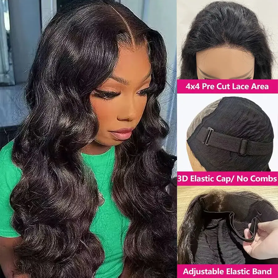 Perruque Lace Closure Wig sans colle naturelle, cheveux humains, Body Wave, pre-cut, 6tage, prête à l'emploi