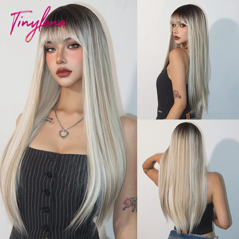 Long Straight Synthetic Wigs Platinum Gray Ombre Cosplay Wigs with Bangs for Black Women Afro Daily Natural Hair Heat Resistant