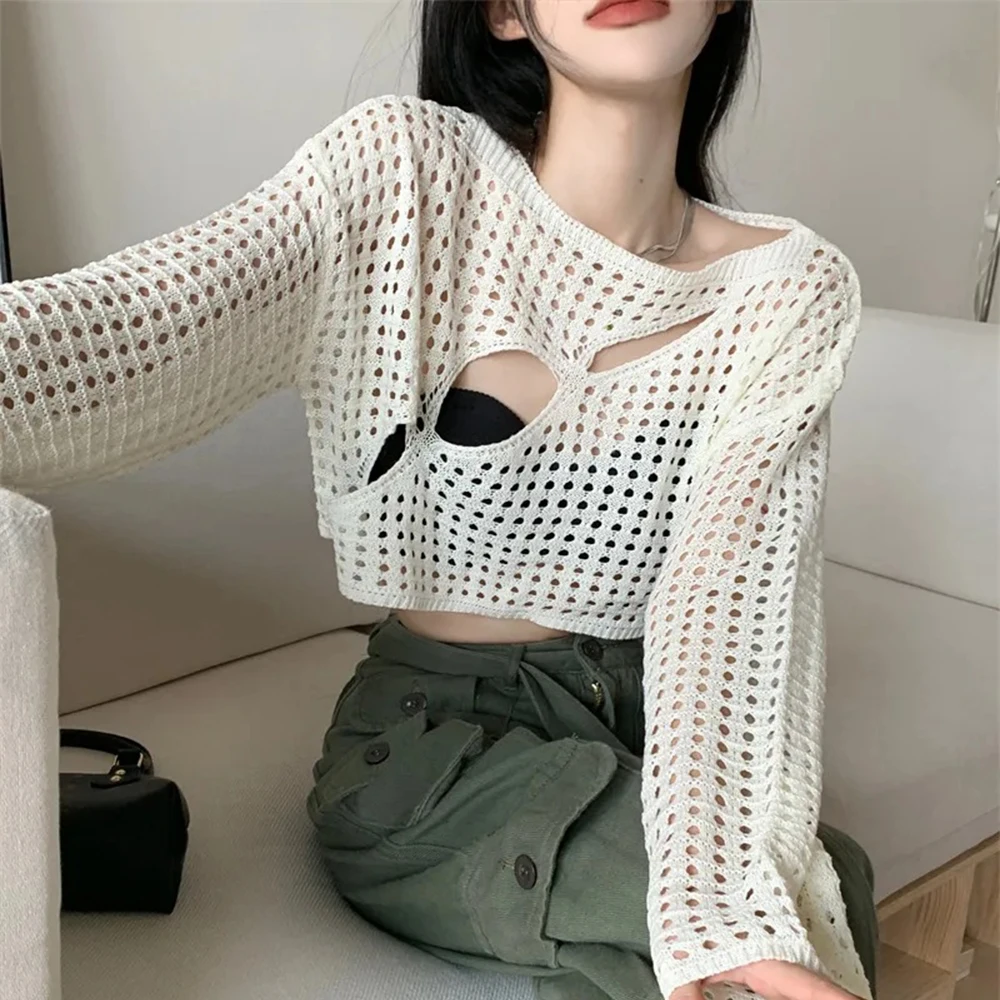 

Long Sleeve Crochet Knit Top 2024 Womens Summer Beach Irregular Hollow Cover Up Crop Pullover Knitwear Blouse Vacation Outfit