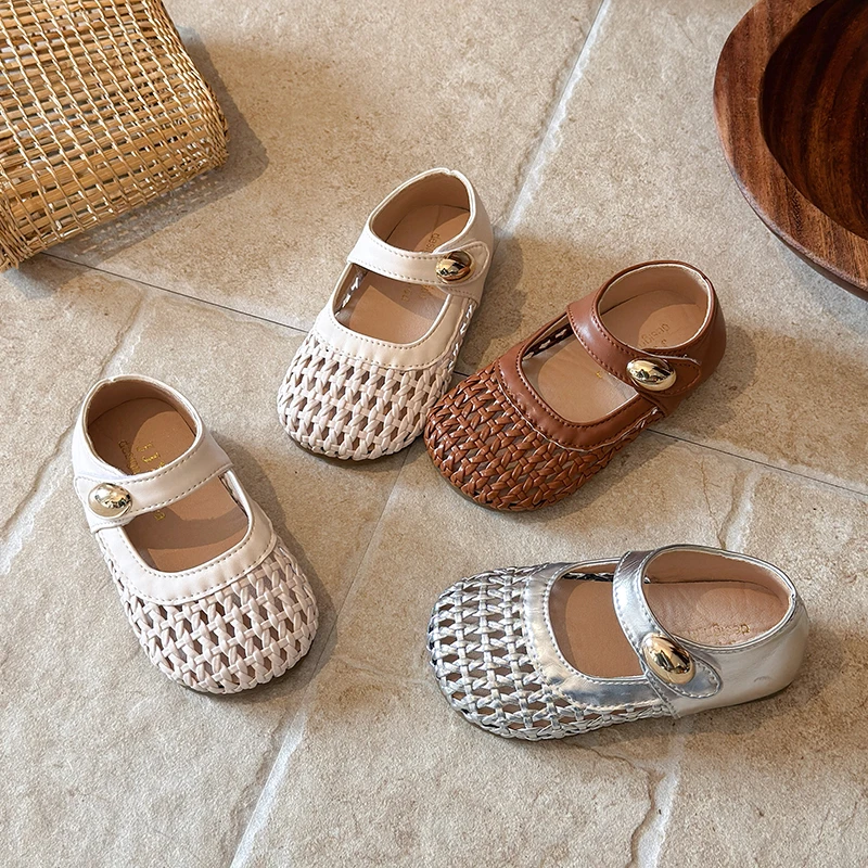 

New Children Mary Jane Shoes Simple Retro Girl Woven Shoes Breathable Hollow-out Kids Outdoor Beach Flat Sandals School Non-slip