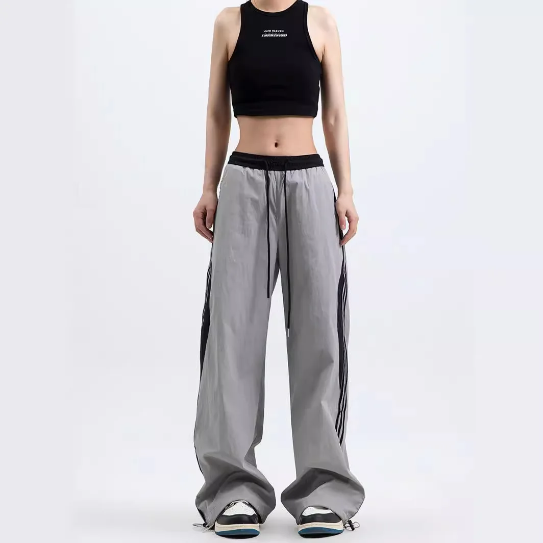 Hip Hop feminino listrado lado perna larga calças esportivas, moletom oversize, corredores com cordão, streetwear, folgada, confortável, fita