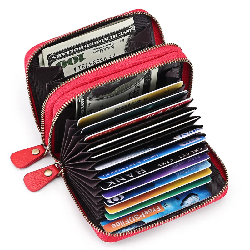 Western Cowhide Leather Double Zipper Organ Card Bag RFID Blocking Large Capacity Certificate Card Bag for women
