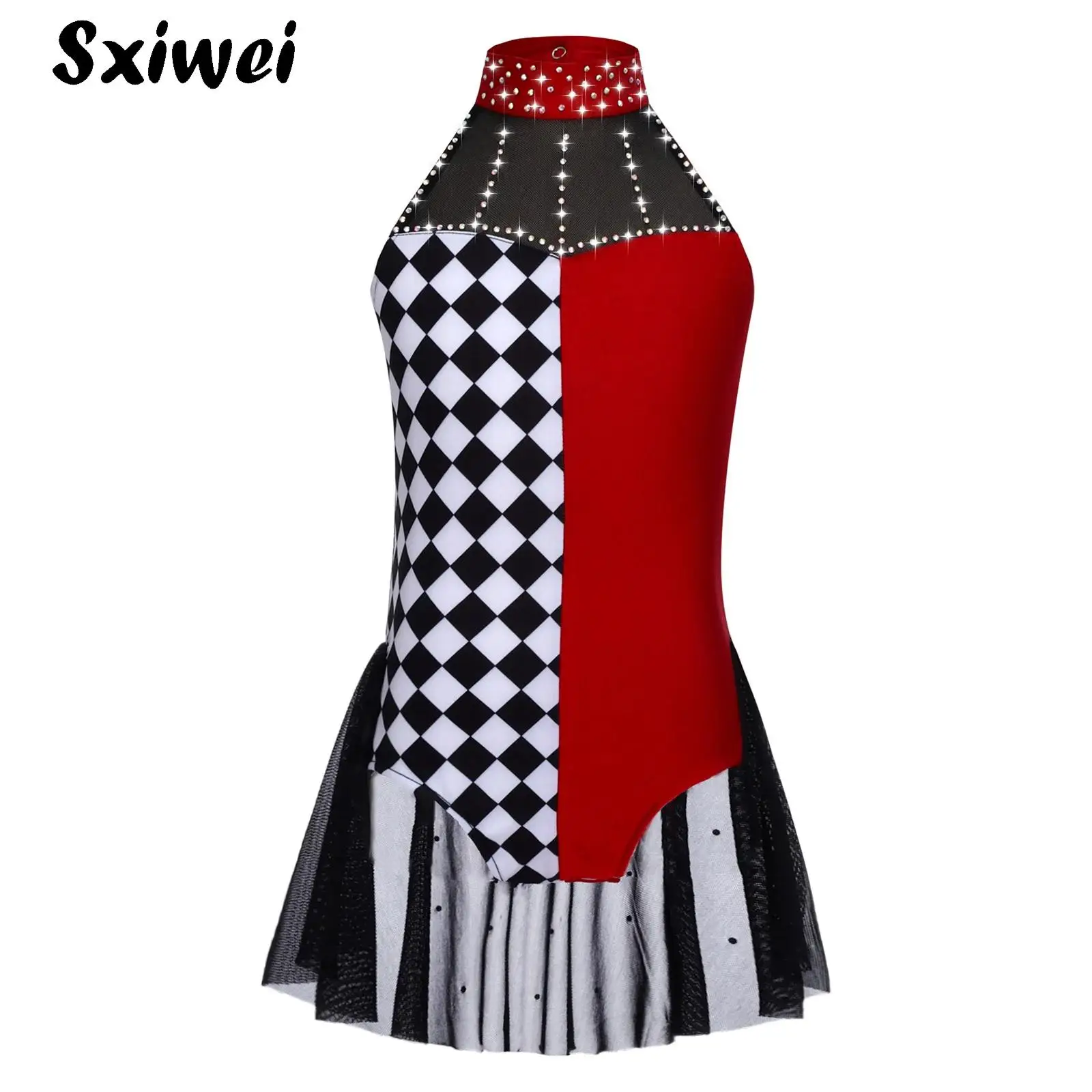 

Shiny Girls Clown Costume Outfit Halter Sleeveless Grid Rhinestone Tutu Leotard Dress for Halloween Christmas Dance Performance
