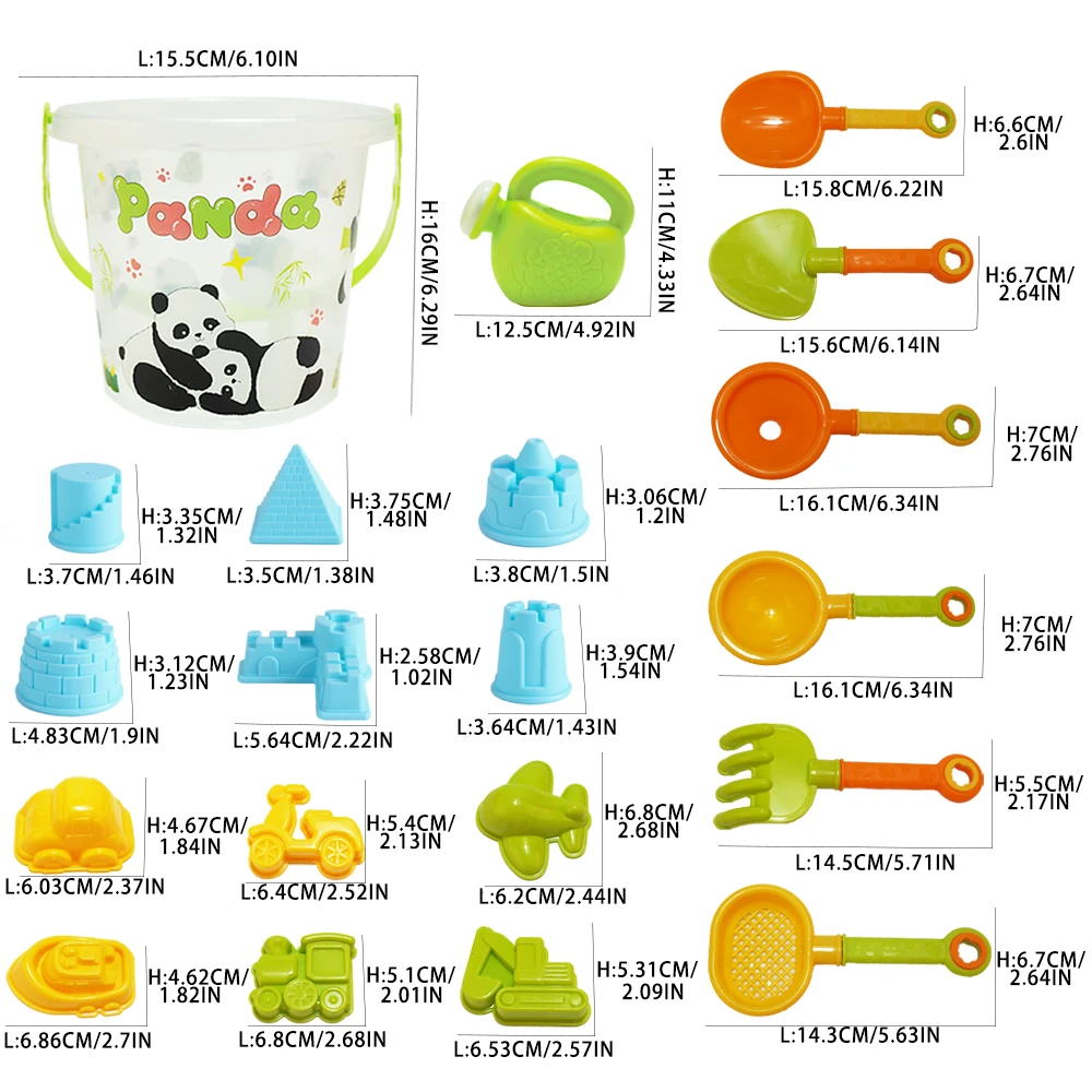 Conjunto de brinquedos de praia estilo panda, 20 peças, verão, jogos ao ar livre, areia, balde de plástico, garrafa de rega, pás, crianças, praia, jogo de água, brinquedo