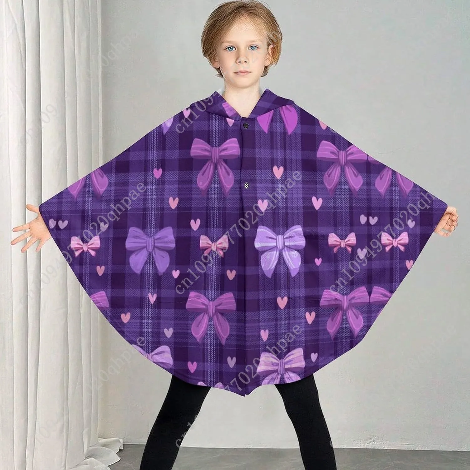 Comodo maglione coperta in flanella, felpa con cappuccio oversize scozzese con fiocchi viola con tasche per bambini e adolescenti