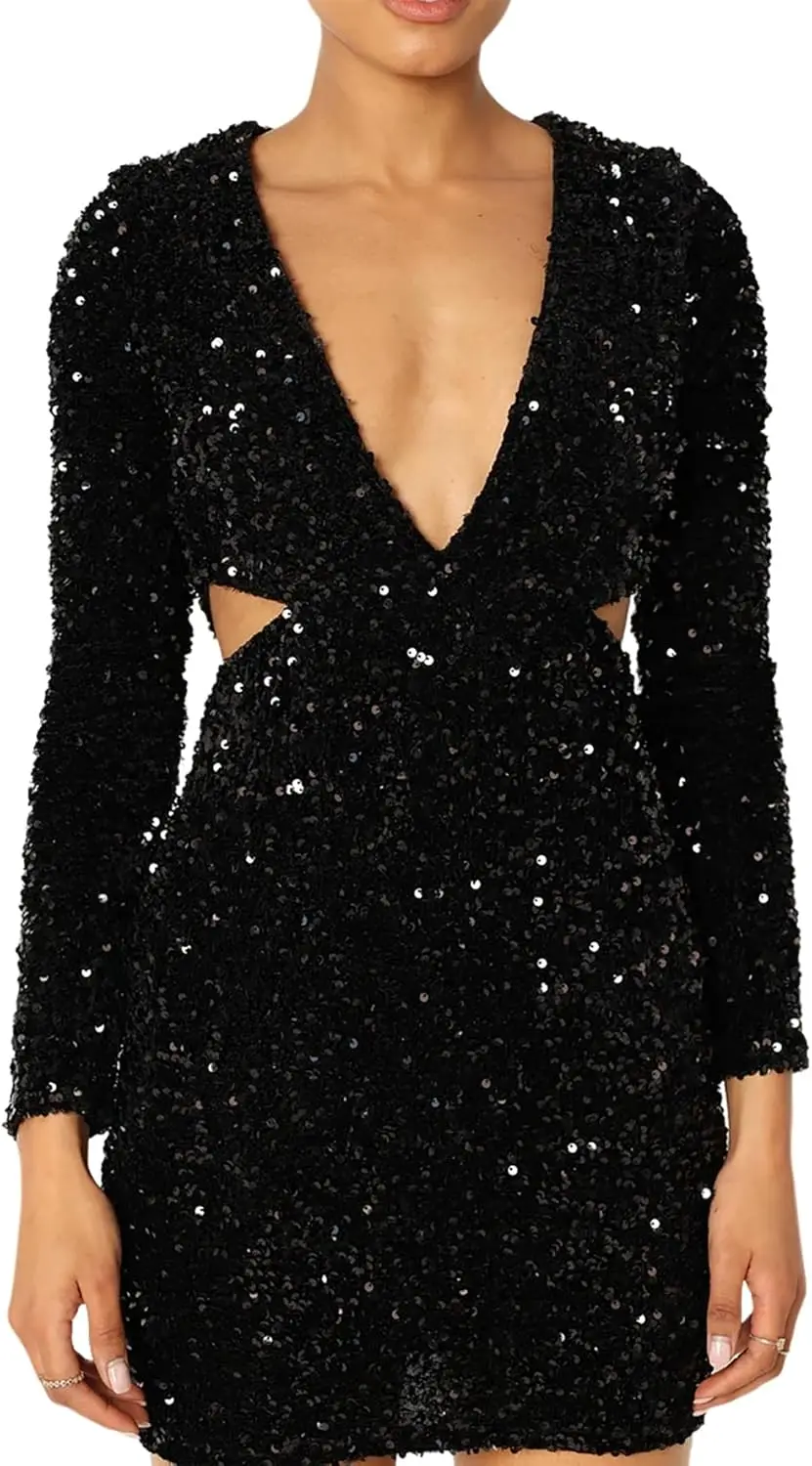 

Womens Glitter Sequin Party Dresses Fall Winter Long Sleeve Sexy Deep V Neck Cut Out Sparkly Club Velvet Mini Graduation Dress