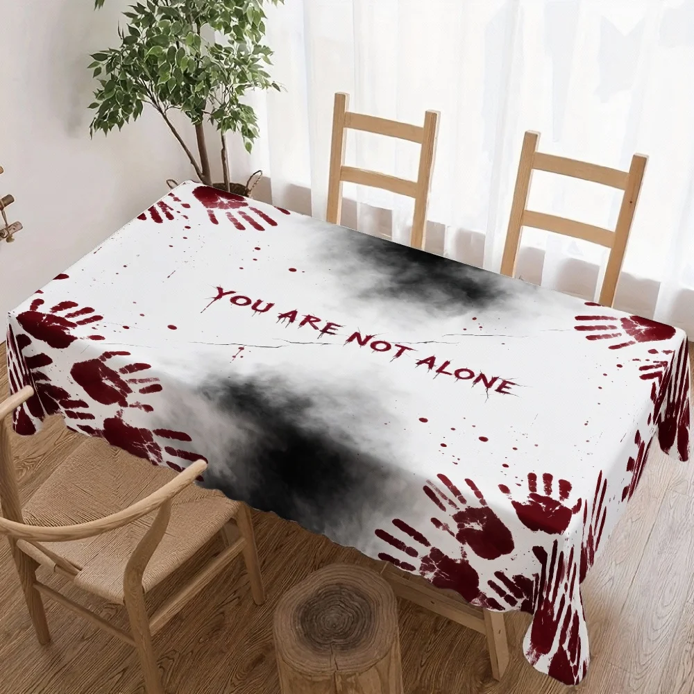Halloween Rectangle Table Cloth You Are Not Alone Bloody Handprint Smoke Table Cover for Horror Halloween Dinner Party Decor