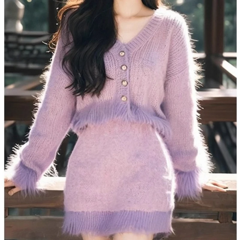 

Зима 2025 года, милый комплект с юбкой средней длины в корейском стиле и бисером, модная верхняя одежда, куртка E12037