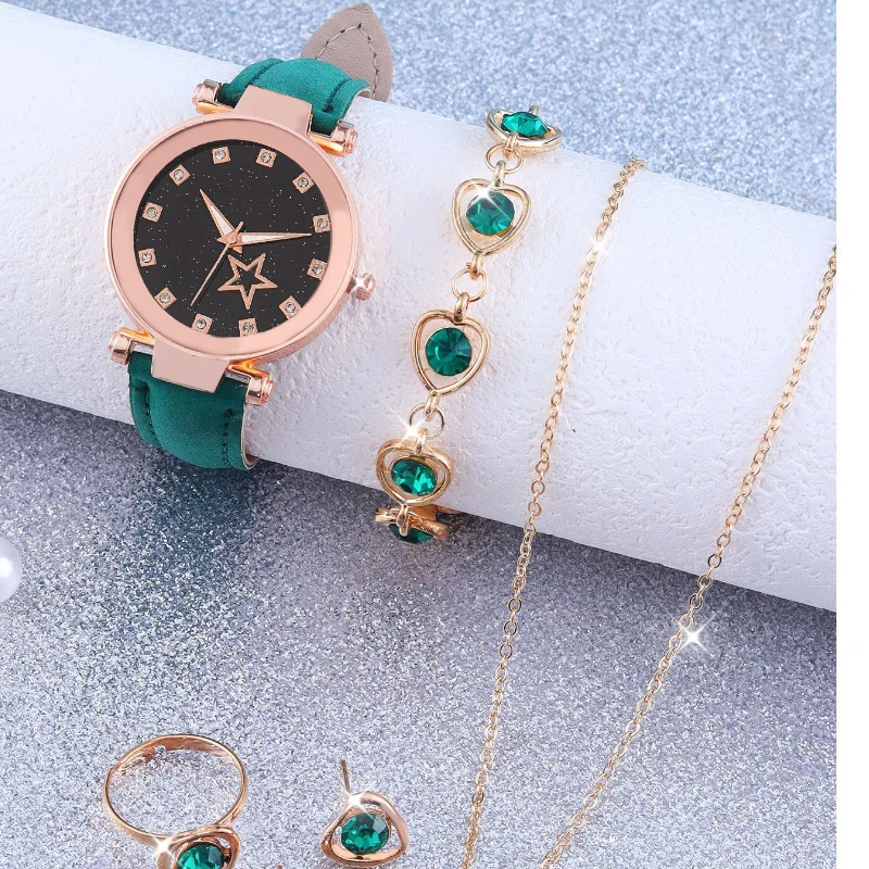 6 ชิ้นชุดใหม่ผู้หญิงหนัง Rhinestone หญิงนาฬิกานาฬิกาควอตซ์ + สร้อยคอ + สร้อยข้อมือ + แหวนและต่างหูนาฬิกาลําลอง