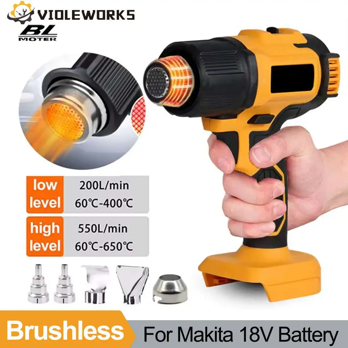 

60°C-650°C Brushless Cordless Heat Gun with 5 Nozzles Temperature Control Hot Air Gun Welding Tool for Makita 18V Battery